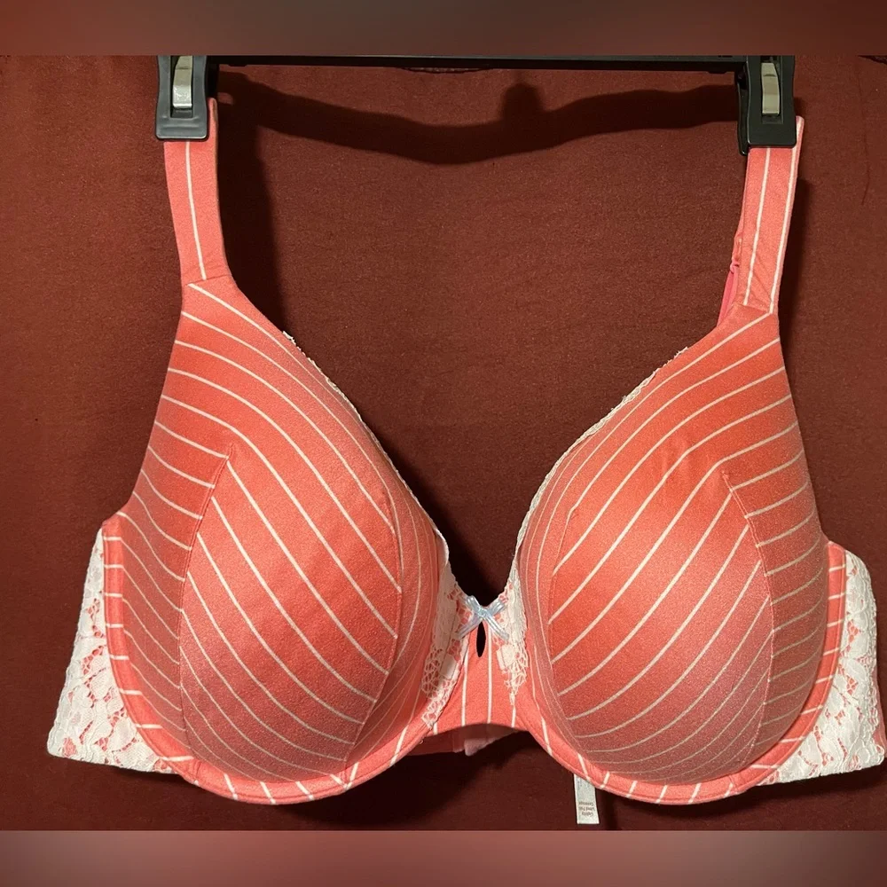 Cacique Striped hot pink and White bra with lace - Picture 1 of 6